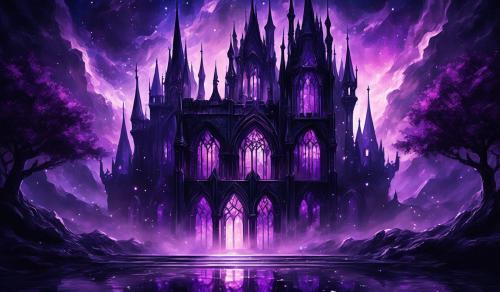 Gothic black castle with purple stained glass