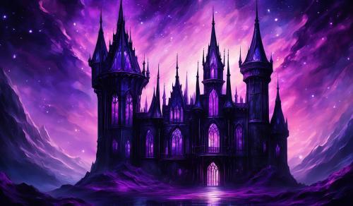 Gothic black castle with purple stained glass