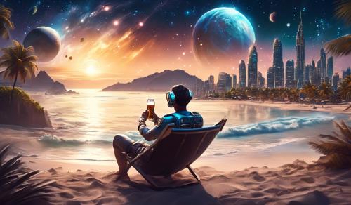 Human man in space planet relaxing on the beautiful beach with beer in his hand with a city in the background and the beautiful galaxy in the sky  