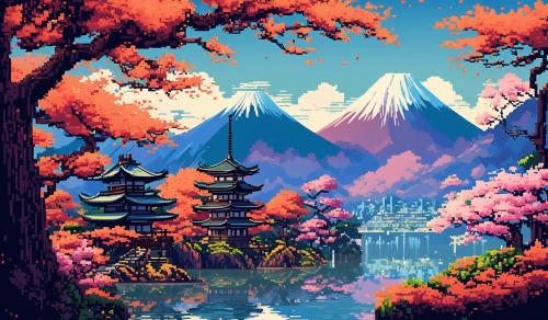 Pixel art of Japan landscape