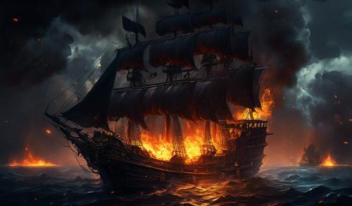 big pirate schip with many flames dark theme