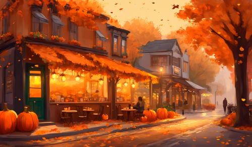 The crisp autumn Air, The colorful leaves running through the air, The cozy little coffee shop on the corner. The Trees careess the street with their fall like vibe. The pumpkin filled air in the shop. the chill of the orange sky with a cozy feeling. Nothing like fall its the best...