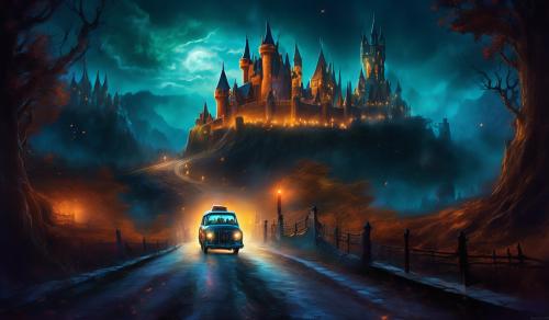 The Scooby Doo gang driving down a dark and creepy road that leads to a huge scary castle with a huge rusting metal gate surrounding the scary castle