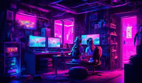 Anime girl in gamer room neon