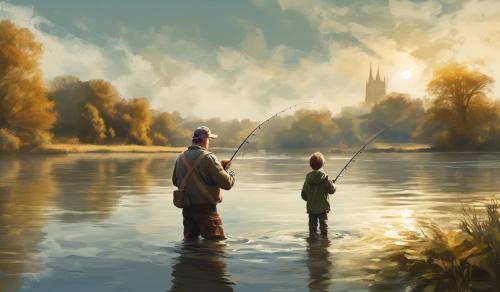 a proud father fishing on the calm waters of the Thames cradles his little son in his arms