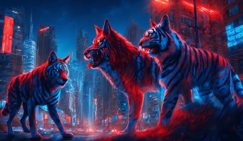 Red wolf and blue tiger in the city