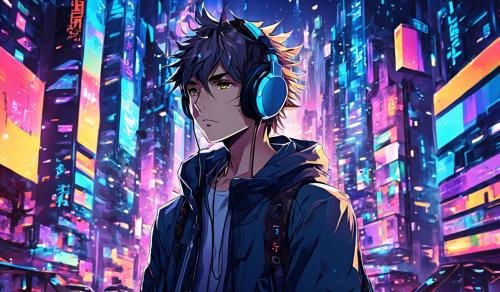 Cute guy wearing headphones in cyber city