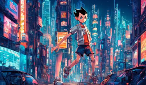 Astro boy in a simple cyber city 