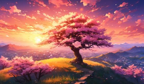 Blossom tree on a hill sunset