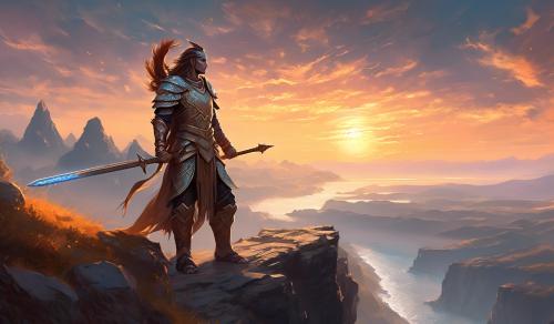 Create a dynamic digital painting of a brave warrior standing atop a cliff at dawn. The warrior, adorned in intricate armor that glimmers in the early light, holds a legendary sword with runes glowing faintly along the blade. Their stance is confident, eyes fixed on the horizon where an epic battle awaits. Below, a vast landscape stretches out, with a winding river reflecting the rising sun and misty mountains in the distance. In the sky, a few mythical creatures soar, adding to the sense of impending adventure. The color palette should blend the cool blues and purples of the fading night with the warm oranges and pinks of the new day, creating a captivating contrast that highlights the warrior's valor and the beauty of the world they protect.