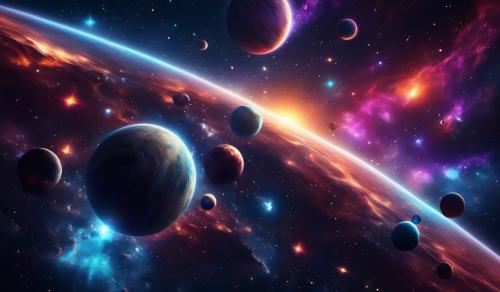 A photorealistic space scene that has dramatic colored stars and planets along with some nebula and black holes. 