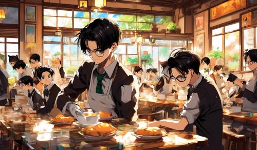 Levi Ackerman limpiando una cafeteria de gatitos