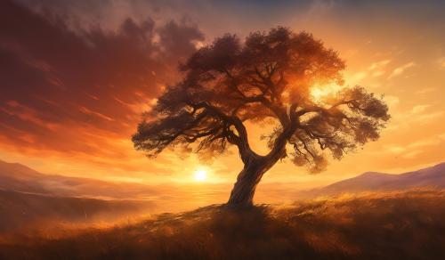 A lone tree blowing in the sunset