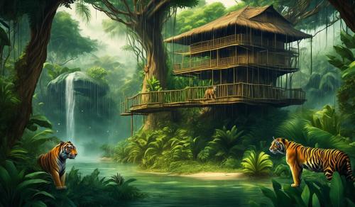 calm tropical rain forest with tree house like Swiss family Robinson with tigers and panthers roaming free.