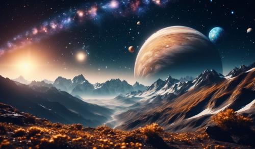 create cosmic space scene that has the planets in the background with Swiss Mountain range int he foreground.