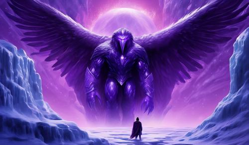 create Condor Man super hero from the 1980s awaking from deep sleep from a large glowing purple ice chamber. withe large silver and purple trim Condor shaped space craft in the background.