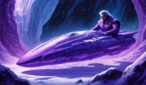 create Condor Man super hero from the 1980s awaking from deep sleep from a large glowing purple ice chamber. withe large silver and purple trim Condor shaped space craft in the background.