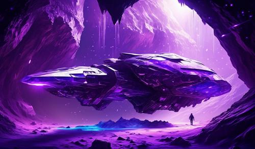 Purple and chrome Condor space craft inside a large cave that has purple ice diamonds, with hole in ceiling of cave letting light in from outside sun beams land on Condor Space craft.