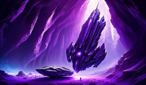 Purple and chrome Condor space craft inside a large cave that has purple ice diamonds, with hole in ceiling of cave letting light in from outside sun beams land on Condor Space craft.