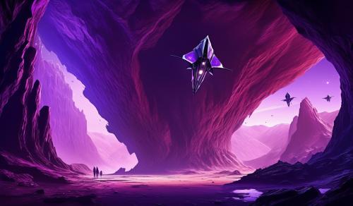 chrome and purple large Condor Bird Space craft, landing inside giant cave 