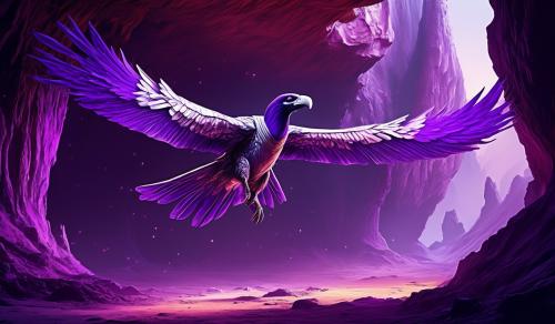 chrome and purple large Condor Bird Space craft, landing inside giant cave 