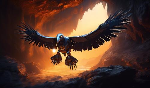 Large condor bird robot hi-tech flying out of cave at sun rise.