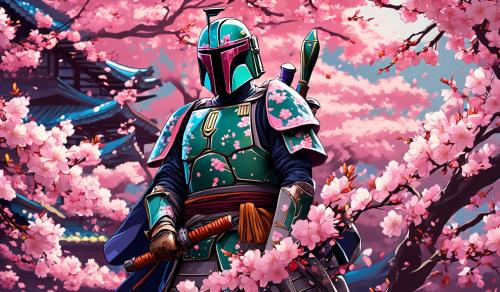 Bobafett as a samurai with cherry blossoms behind him