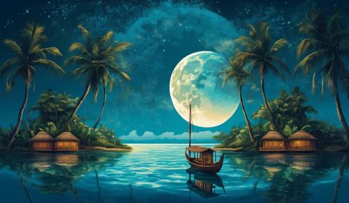 Polynesian print design in the image or the moon; which is reflected in the ocean water. on the ocean is a small island in the distance with a boat that has the Mana written with a Polynesian design