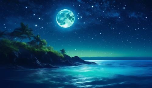 Photo with Midnight Blue Sky, Stars, and bright moon, Ocean water dark blue with hints of green that reflects the bright moon. the words SPIRIT OF MANA is written in the stars