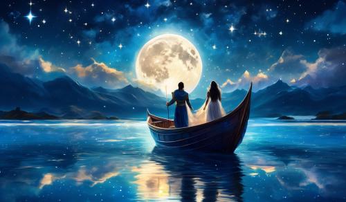 Moari King and Queen standing in a boat facing the island of New Zealand. Midnight blue moon with stars in the sky and a bright moon. ocean water with a reflection of the moon