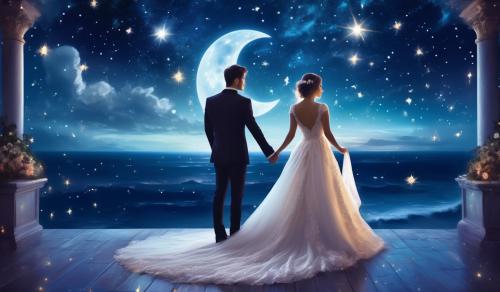 night sky with stars and moon wedding celebration bride and groom alone on terrace facing the ocean