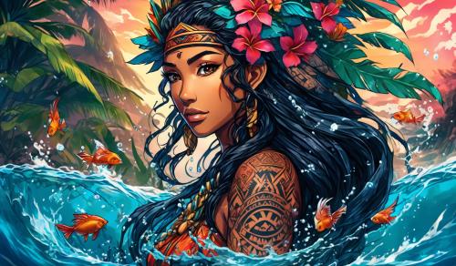 Polynesian Princess with samoan tattoo design in water