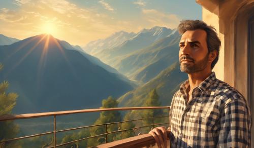 create a restful picture of a man wearing checkered shirt and looking from a Italian balcony at the mountains in the background on a summers morning, with the sun rising over the mountains.