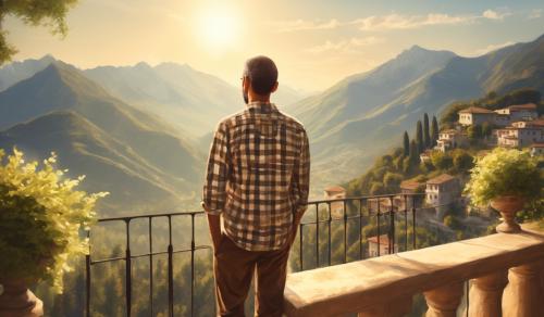 create a restful picture of a man wearing checkered shirt and looking from a Italian balcony at the mountains in the background on a summers morning, with the sun rising over the mountains.