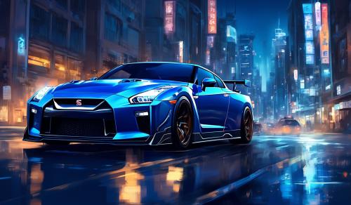 A blue nissan gtr driving through a city at night in anime style.