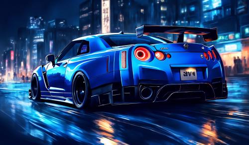 A blue nissan gtr r34 driving throug a city at night in anime style.picture from the rear