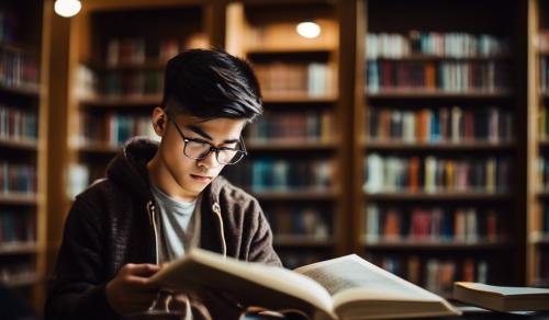 A 21 years old boy with eyeglass reading in library