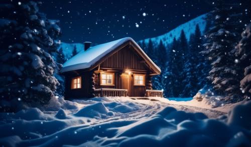 Beautiful snowy landscape with a wooden cottage at night