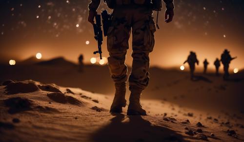 Infantry night time foot patrol in desert 