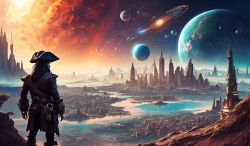 Pirate on an alien planet looking at a city and galaxy in the sky