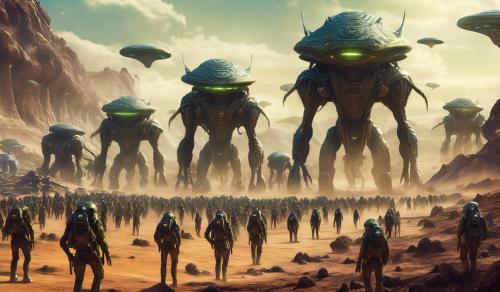 Large military alien parade on alien planet