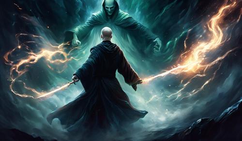 Harry fights Voldemort in a dark setting