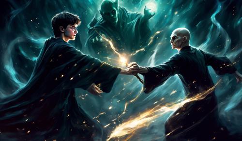 Harry Potter fights Voldemort in a dark setting