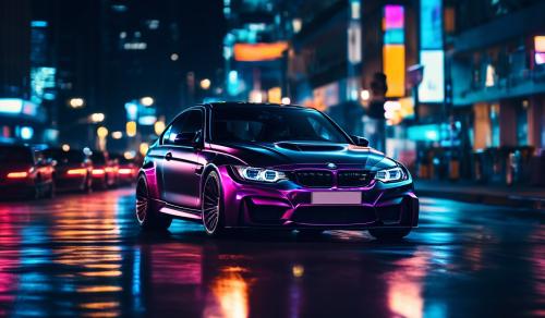 Create a stunning car Wallpaper of a BMW m3 e46 speeding through a neon lit cityscape at night.