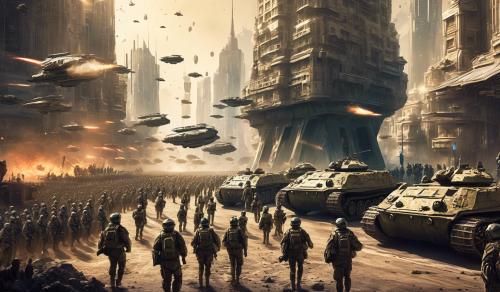 Big military parade in alien city with soldiers and tanks 