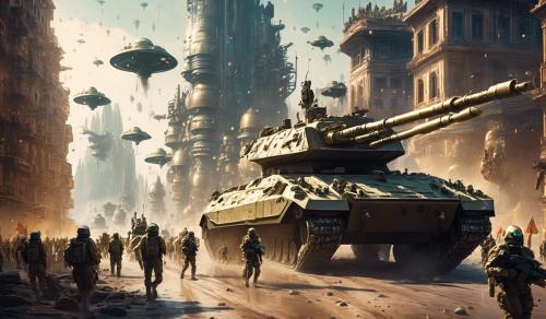 Big military parade in alien city with soldiers and tanks 