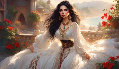 Woman stroking a tomcat, dreamy look, lots of jewelry, red full lips, long embroidered skirt, white embroidered traditional blouse, attractive feminine curvy woman, round face, big eyes, long black hair, white romantic blouse, wide belt, long flowing skirt, lots of necklaces, big round earrings, wide hips, narrow waist, lasziv, full body