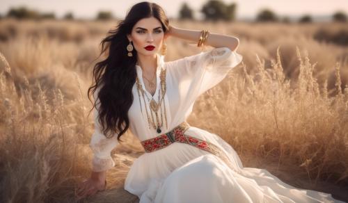 Woman stroking a tomcat, dreamy look, lots of jewelry, red full lips, long embroidered skirt, white embroidered traditional blouse, attractive feminine curvy woman, round face, big eyes, long black hair, white romantic blouse, wide belt, long flowing skirt, lots of necklaces, big round earrings, wide hips, narrow waist, lasziv, full body