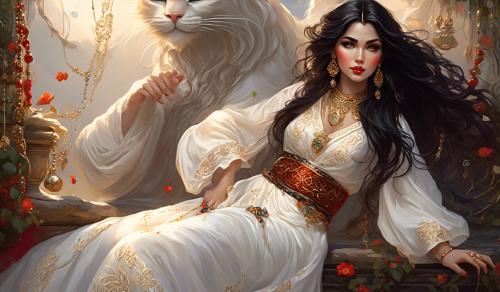 Woman stroking a tomcat, dreamy look, lots of jewelry, red full lips, long embroidered skirt, white embroidered traditional blouse, attractive feminine curvy woman, round face, big eyes, long black hair, white romantic blouse, wide belt, long flowing skirt, lots of necklaces, big round earrings, wide hips, narrow waist, lasziv, full body