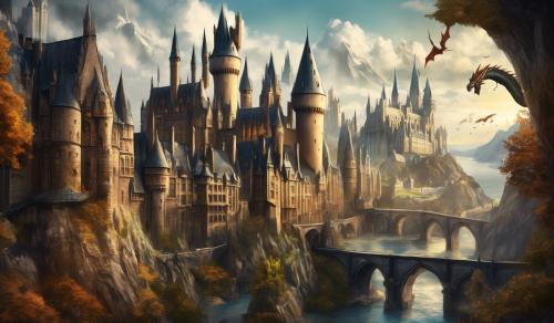 Hogwarts city with dragon in the background 